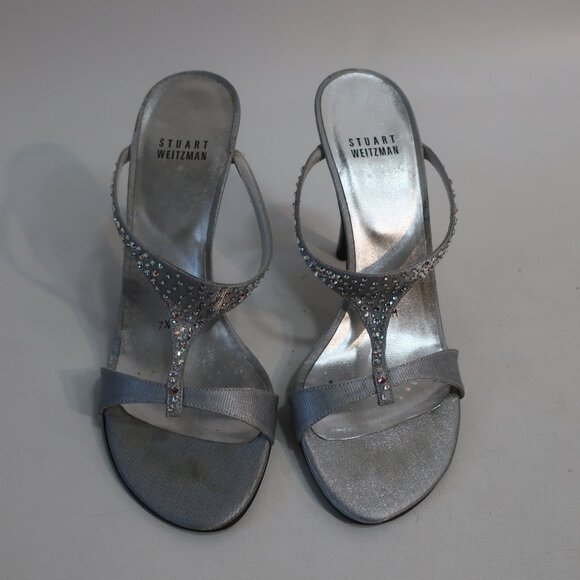 Womens Stuart Weitzman Silver Rhinestone Embellished T-Strap Sandal Heels 7.5 - Picture 2 of 11